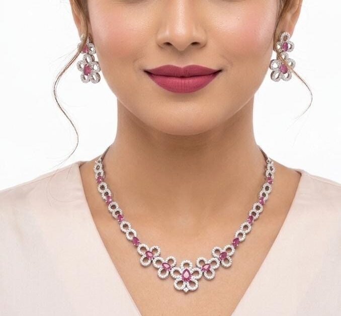 Hot Pink American Diamond Necklace (AD)