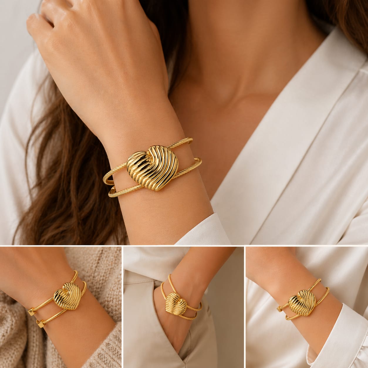Stylish Gold Heart Design Adjustable Bracelet | Anti-Tarnish Open Cuff Bangle - Image 2