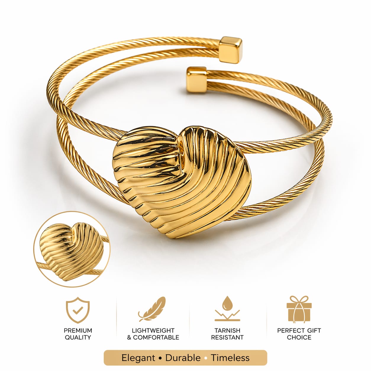 Stylish Gold Heart Design Adjustable Bracelet | Anti-Tarnish Open Cuff Bangle