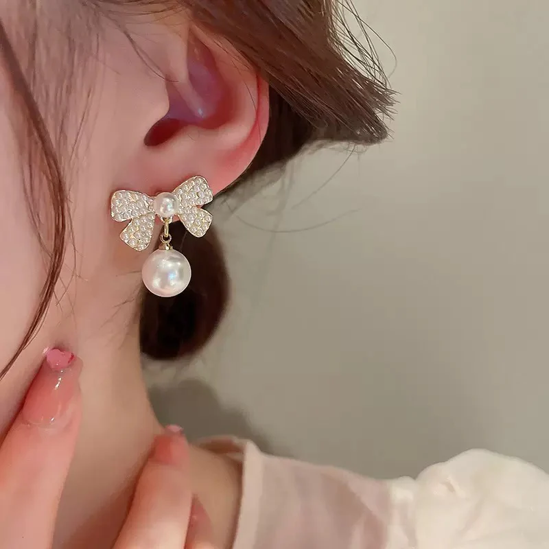 Korean Bow Pearl Drop & Crystal Pearl Stud Earrings - Image 2