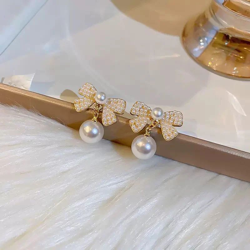 Korean Bow Pearl Drop & Crystal Pearl Stud Earrings - Image 3