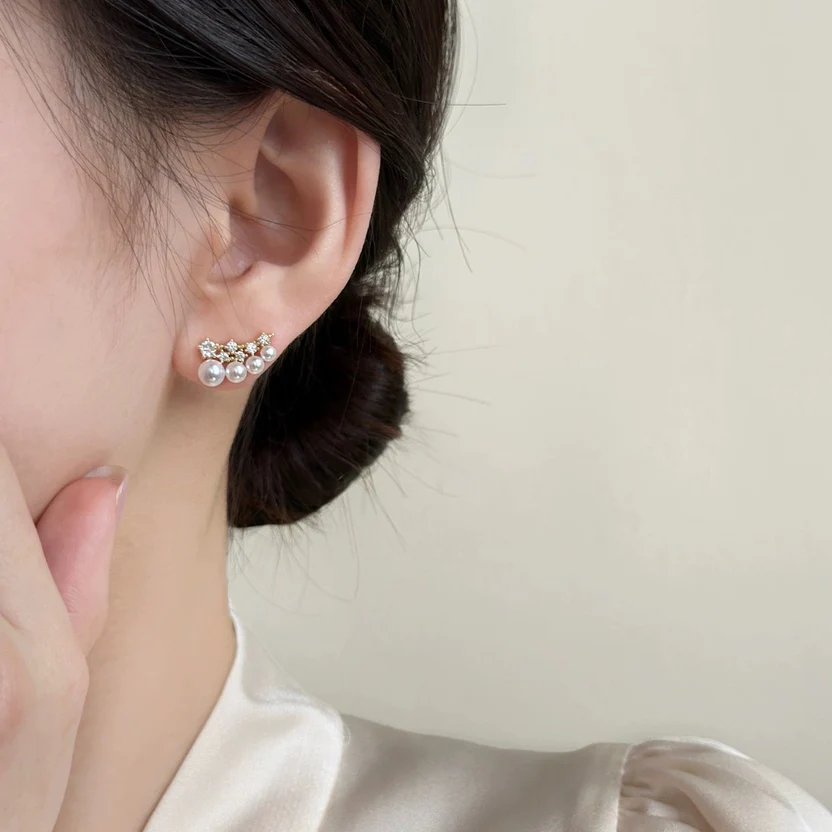Korean Bow Pearl Drop & Crystal Pearl Stud Earrings - Image 4