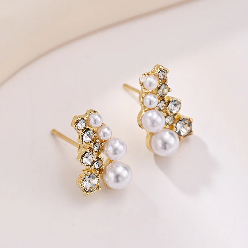 Korean Bow Pearl Drop & Crystal Pearl Stud Earrings - Image 5