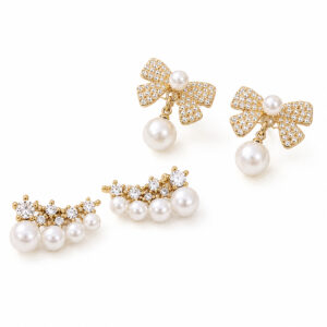 Korean Bow Pearl Drop & Crystal Pearl Stud Earrings