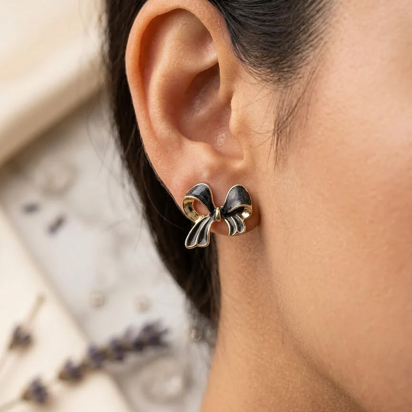 Elegant Combo Set of Black Bow Stud & Pearl & Crystal Leaf Earrings - Image 2