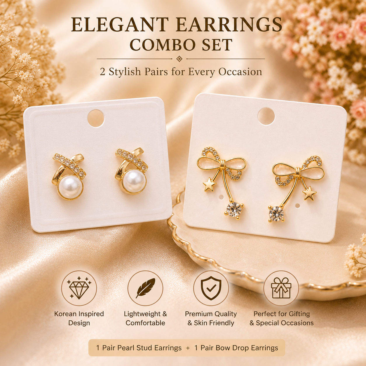 Korean Pearl Stud Earrings & Bow Crystal Drop Earrings