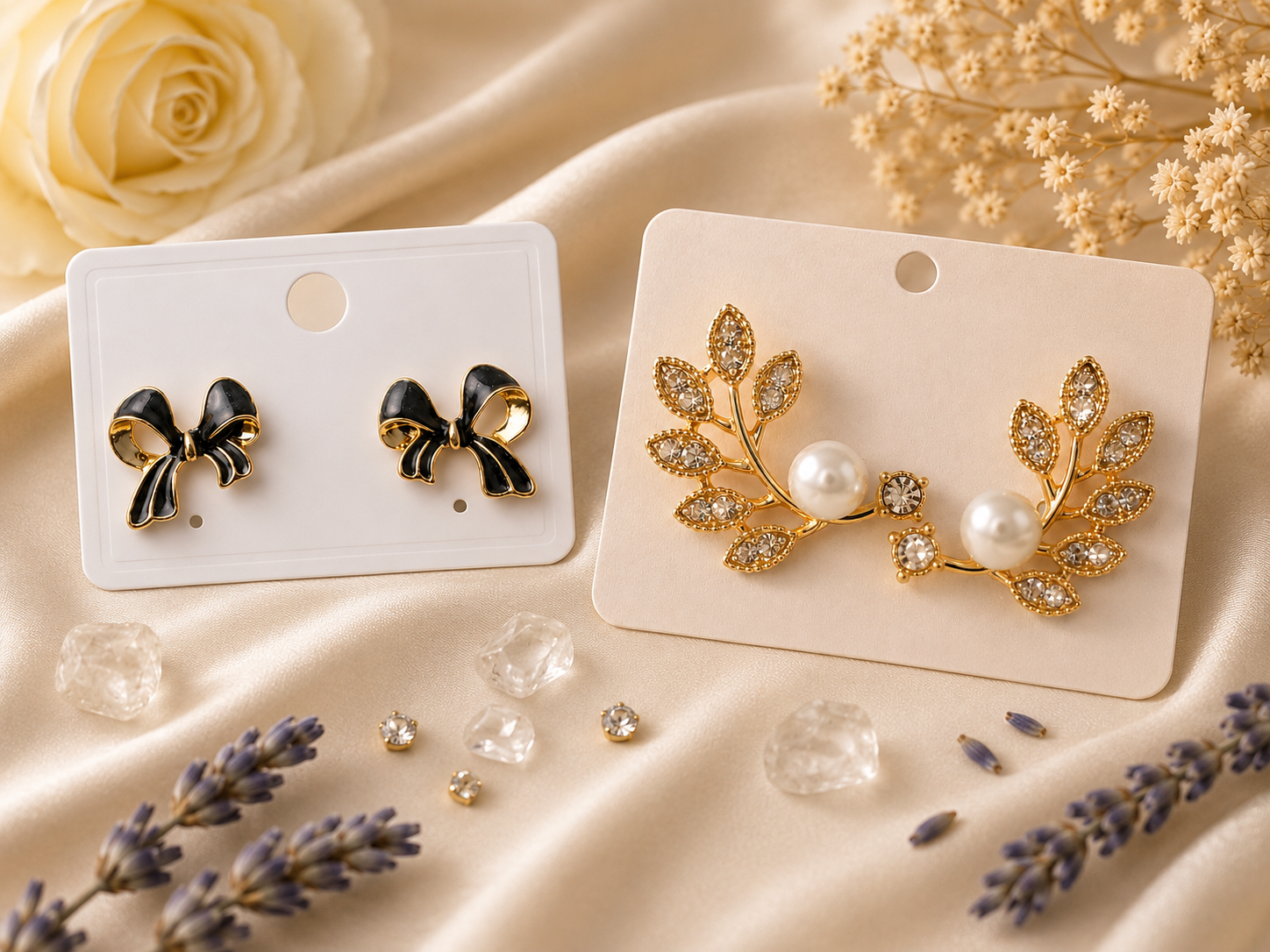Elegant Combo Set of Black Bow Stud & Pearl & Crystal Leaf Earrings