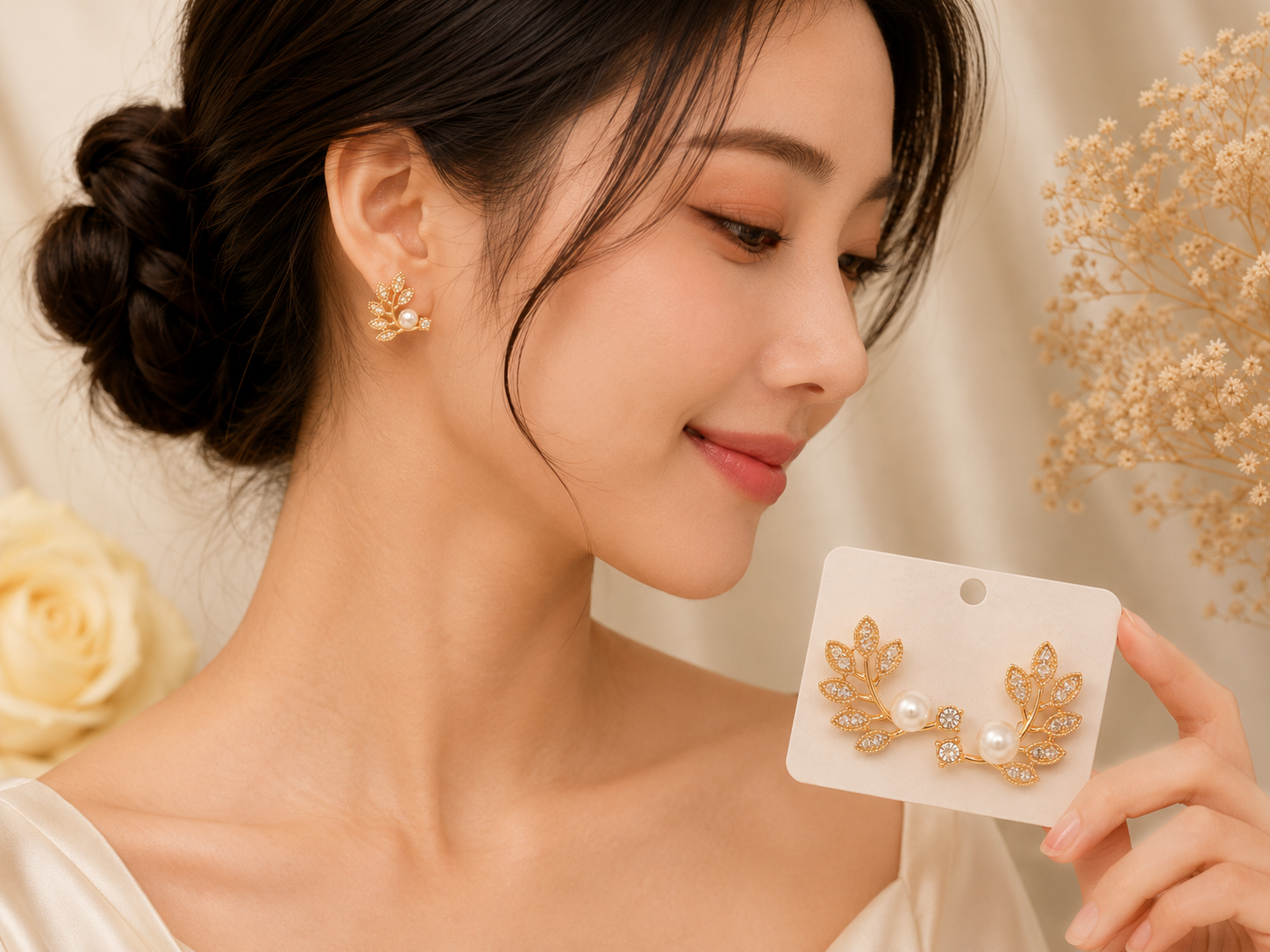 Elegant Combo Set of Black Bow Stud & Pearl & Crystal Leaf Earrings - Image 3