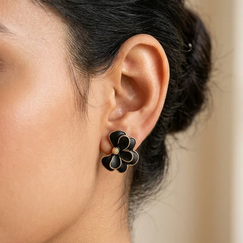 Korean Pearl & Black Floral Earrings Combo Set - Image 3