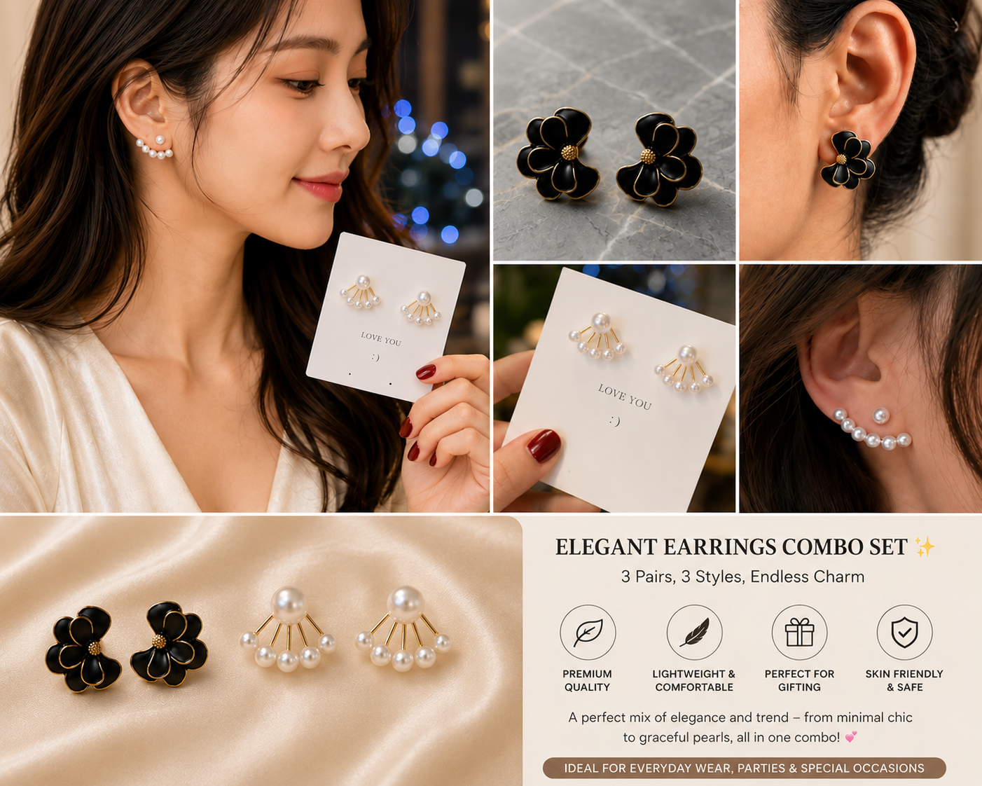 Korean Pearl & Black Floral Earrings Combo Set - Image 4