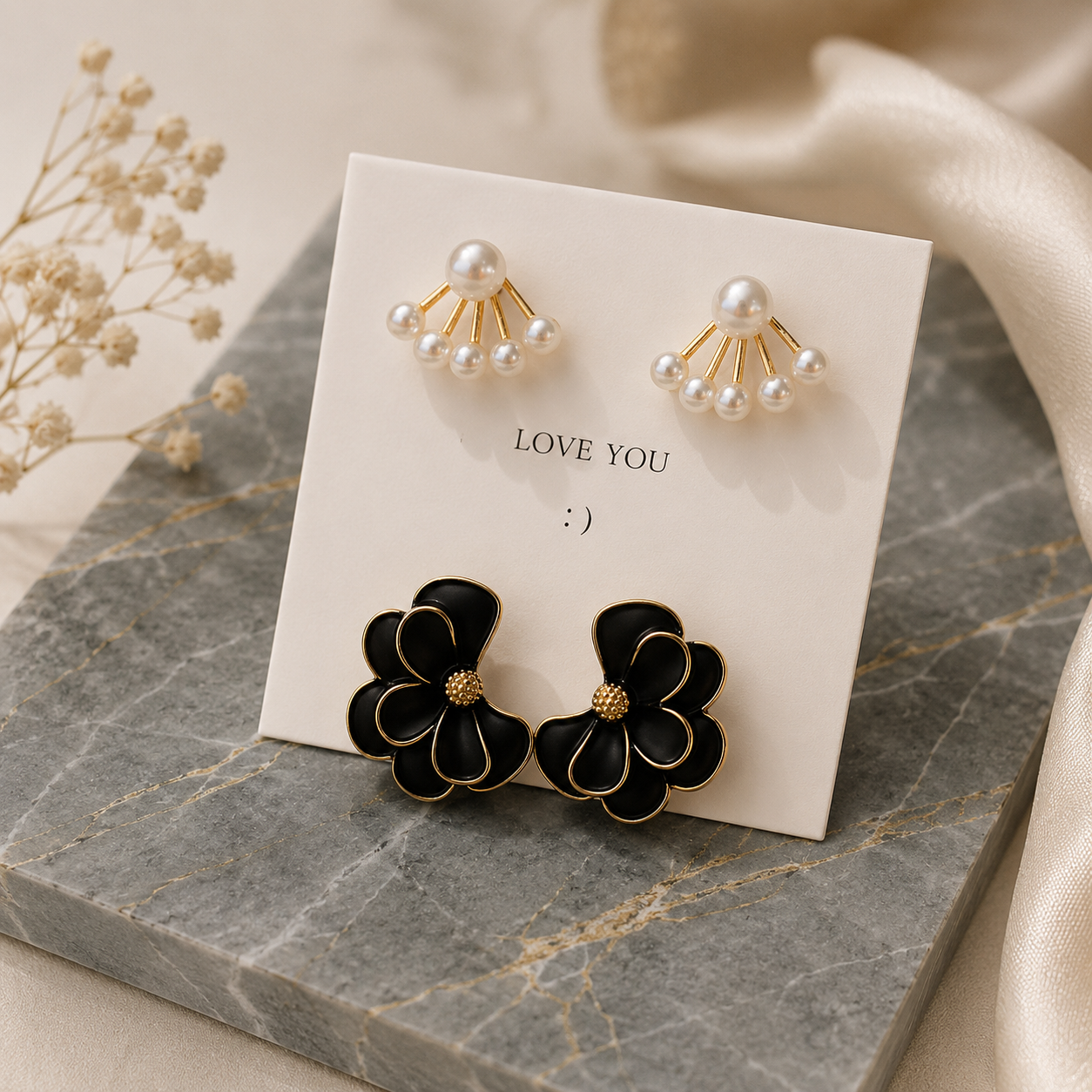 Korean Pearl & Black Floral Earrings Combo Set